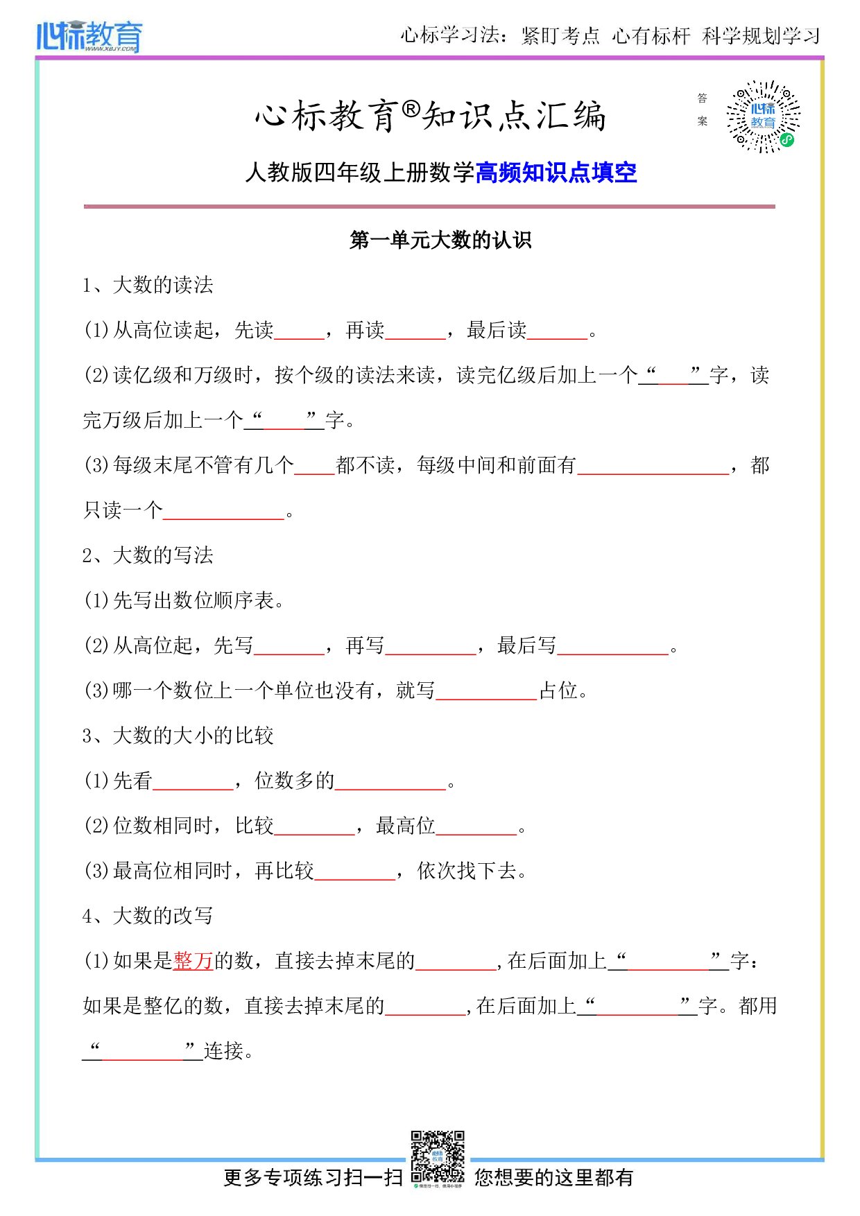 人教版四年级上册数学高频知识点填空专项训练