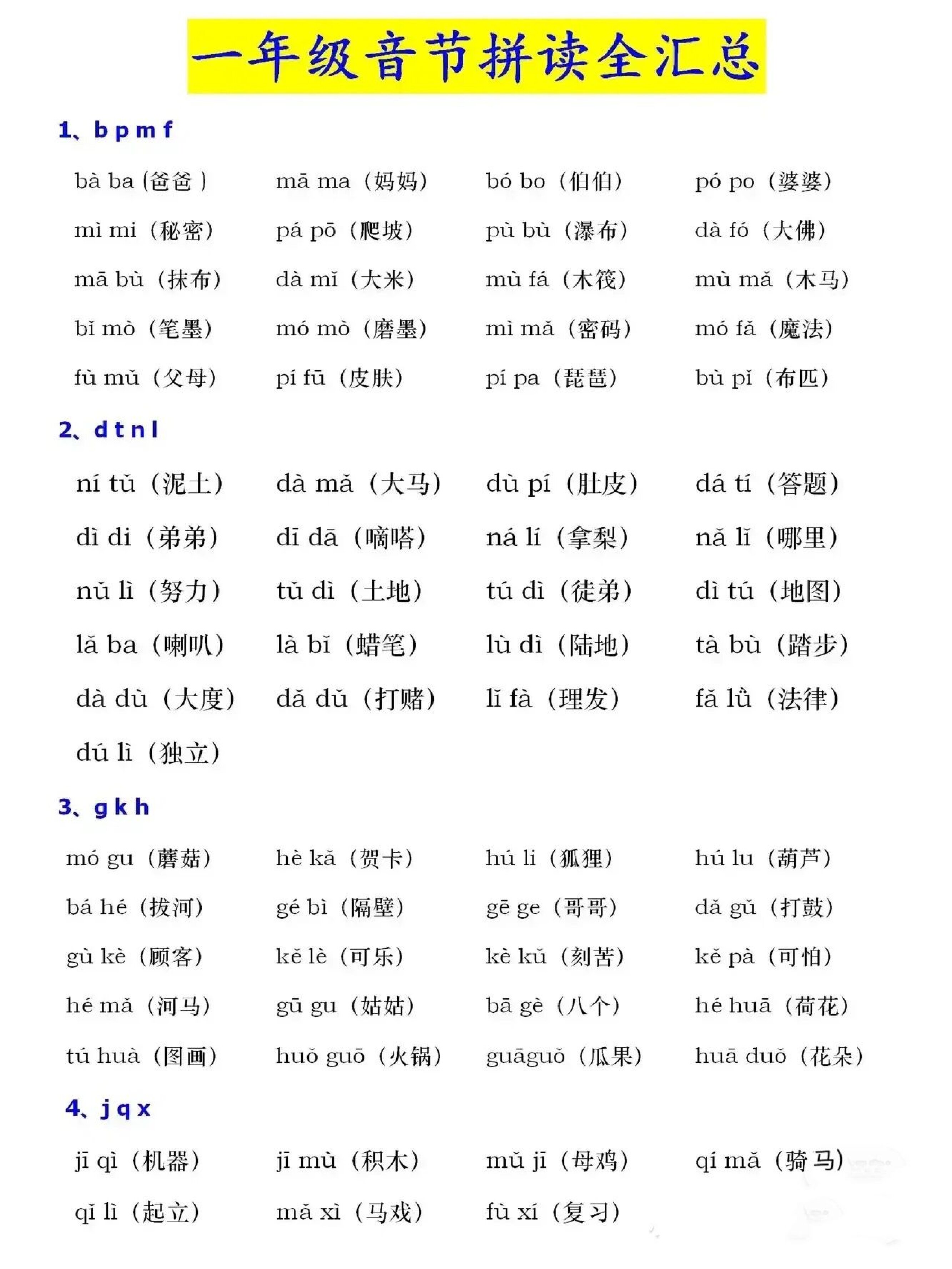 一年级上册语文音节拼读全汇总